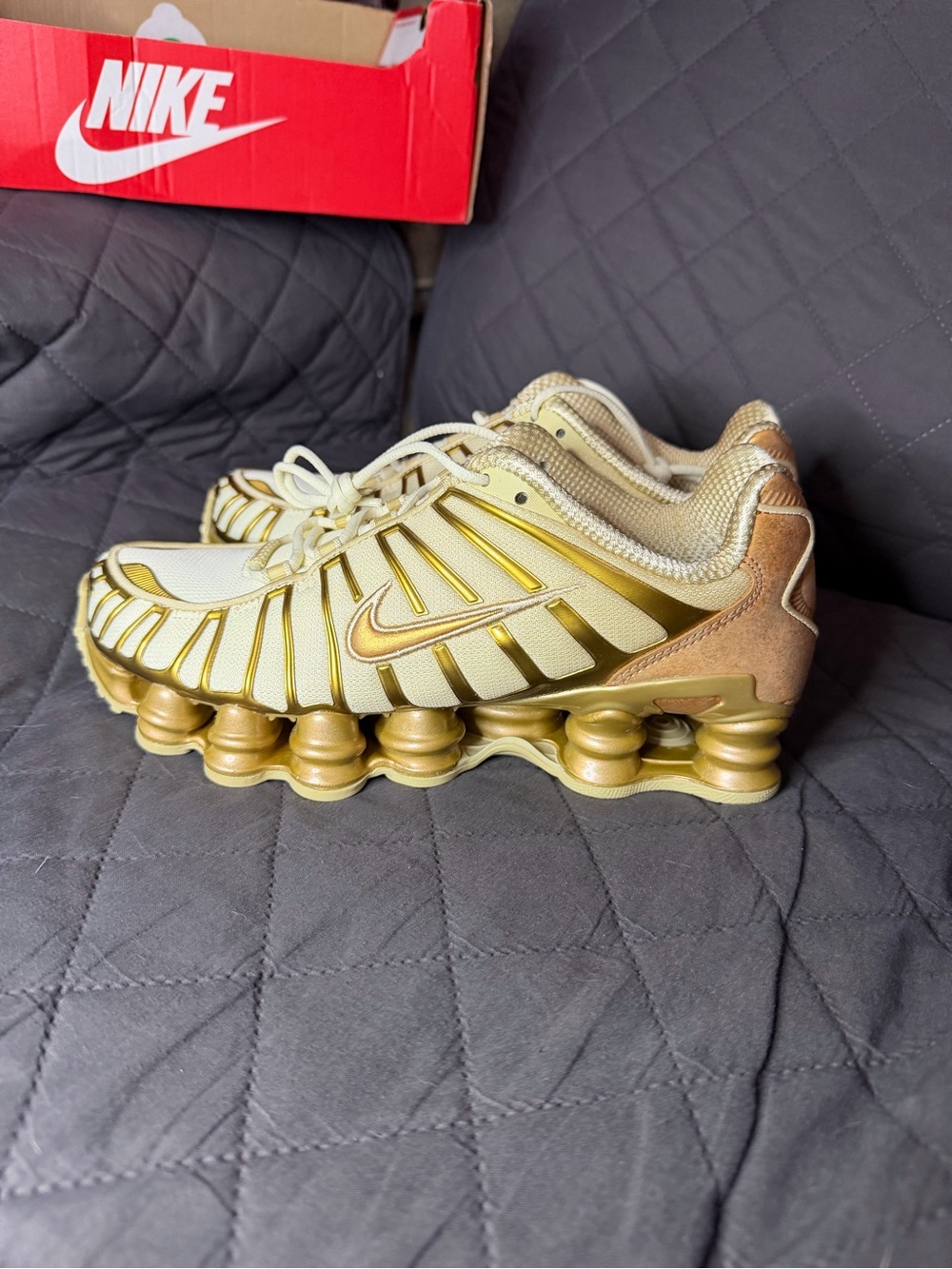Nike Women Metallic Gold and Cream Shox Running Shoes